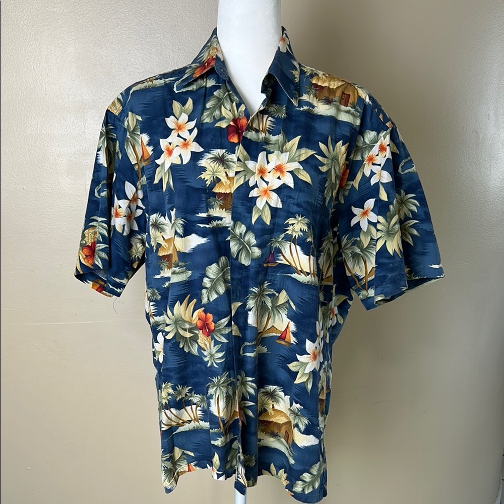 Pierre Cardin Blue and White Casual Shirt with Tropical Flair